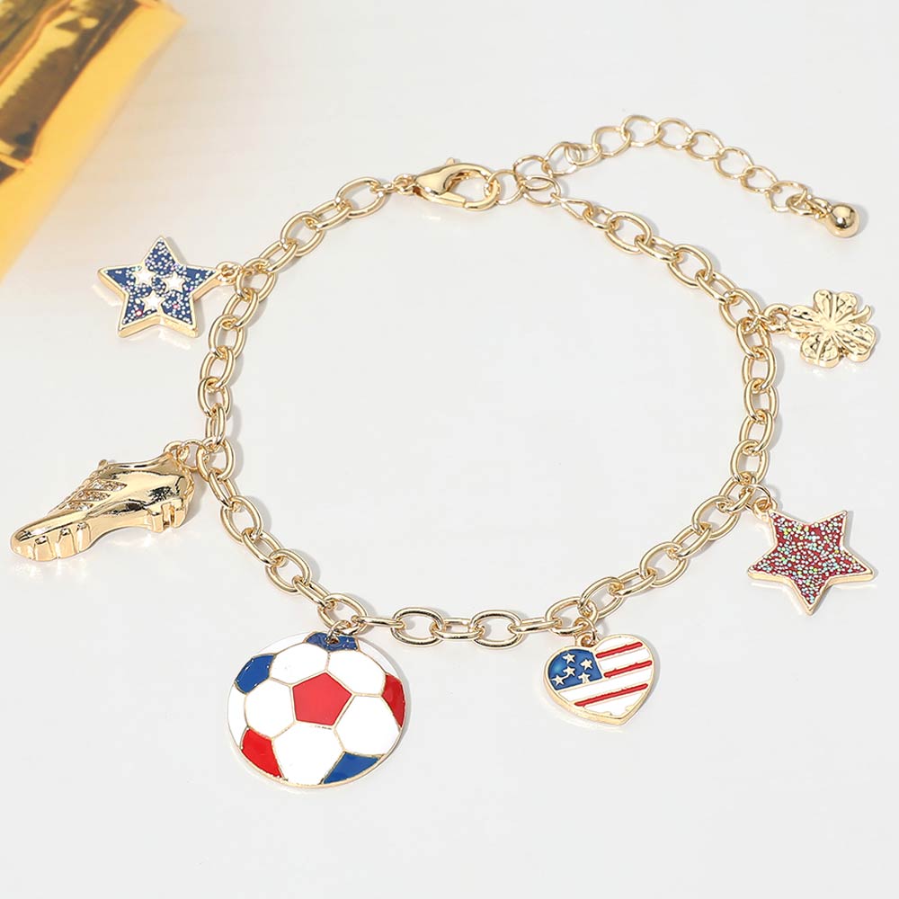 USA Soccer Charm Bracelet - Patriotic Soccer Ball, Shoe and Star Station Bracelet