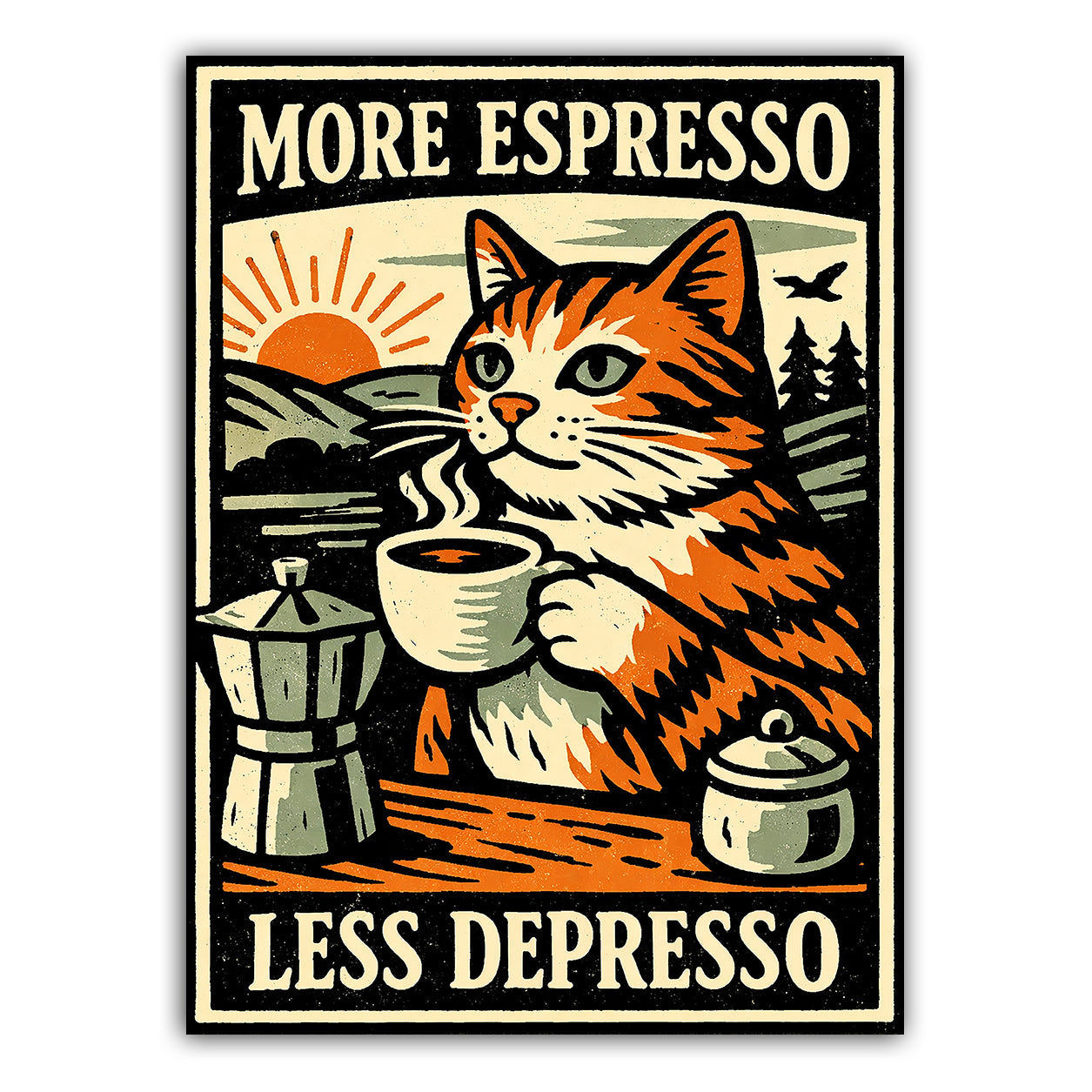 More Espresso Less Depresso Vinyl Sticker, Funny Cat Coffee Decal