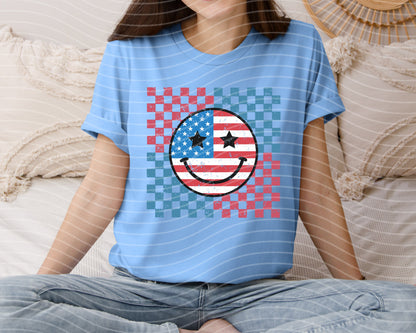 Patriotic Happy Face Graphic T-Shirt - BELLA+CANVAS Unisex Crew Neck, Vintage Print