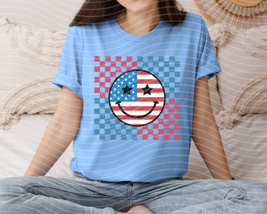Patriotic Happy Face Graphic T-Shirt - BELLA+CANVAS Unisex Crew Neck, Vintage Print