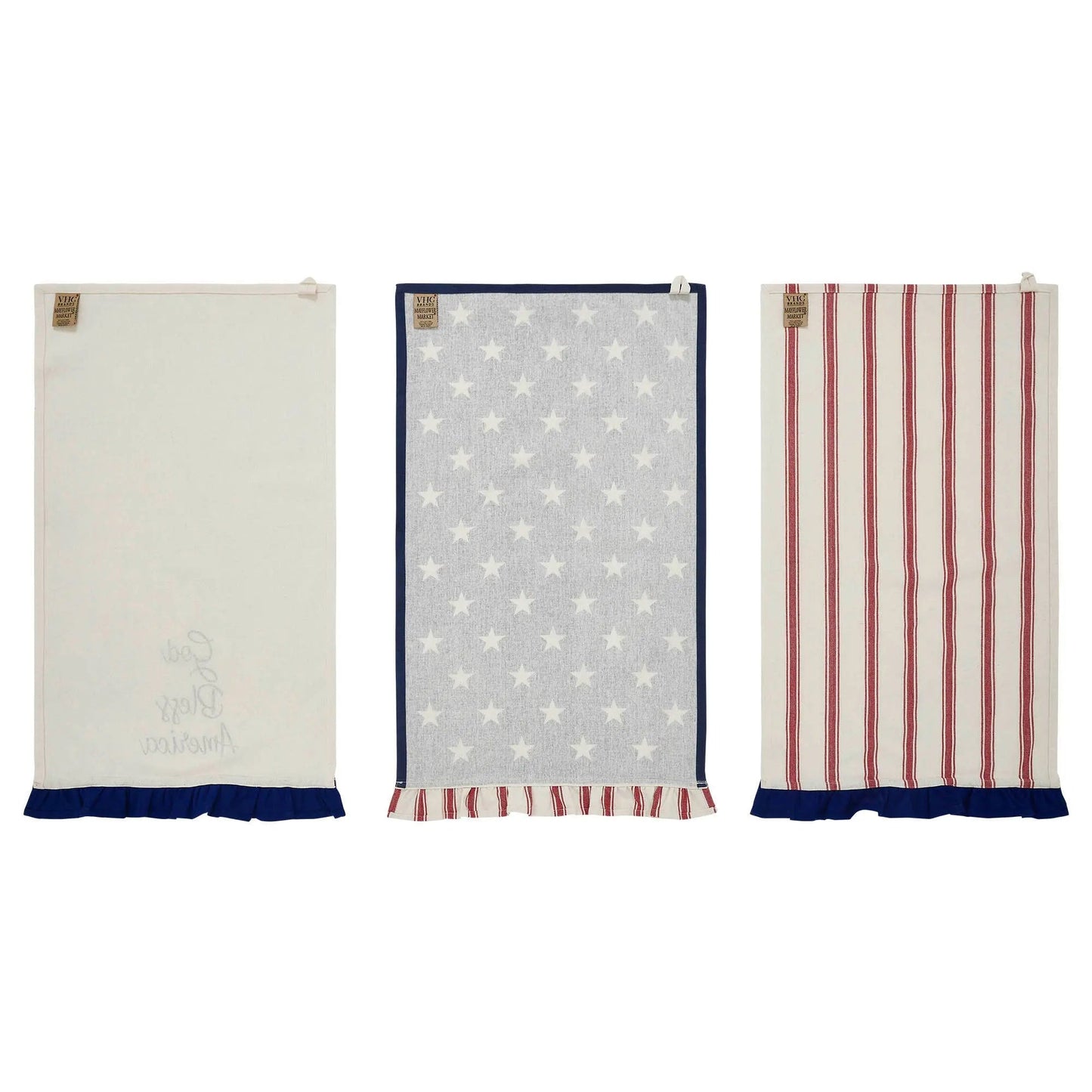 Patriotic Ruffled Tea Towel Set of 3 - Hatteras Stars, 16" x 28", Americana