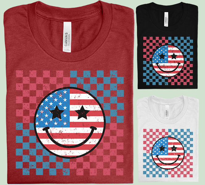 Patriotic Happy Face Graphic T-Shirt - BELLA+CANVAS Unisex Crew Neck, Vintage Print