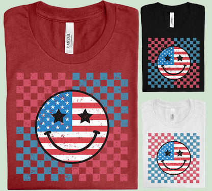 Patriotic Happy Face Graphic T-Shirt - BELLA+CANVAS Unisex Crew Neck, Vintage Print