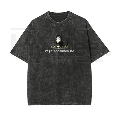 Rage Consumes Me Cat Meme Vintage Washed T-Shirt, Oversized Cotton Graphic Tee