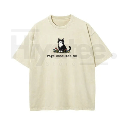 Rage Consumes Me Cat Meme Vintage Washed T-Shirt, Oversized Cotton Graphic Tee