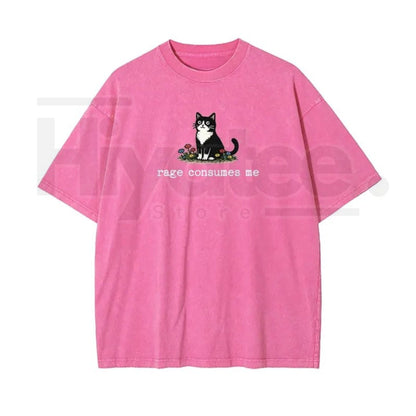 Rage Consumes Me Cat Meme Vintage Washed T-Shirt, Oversized Cotton Graphic Tee