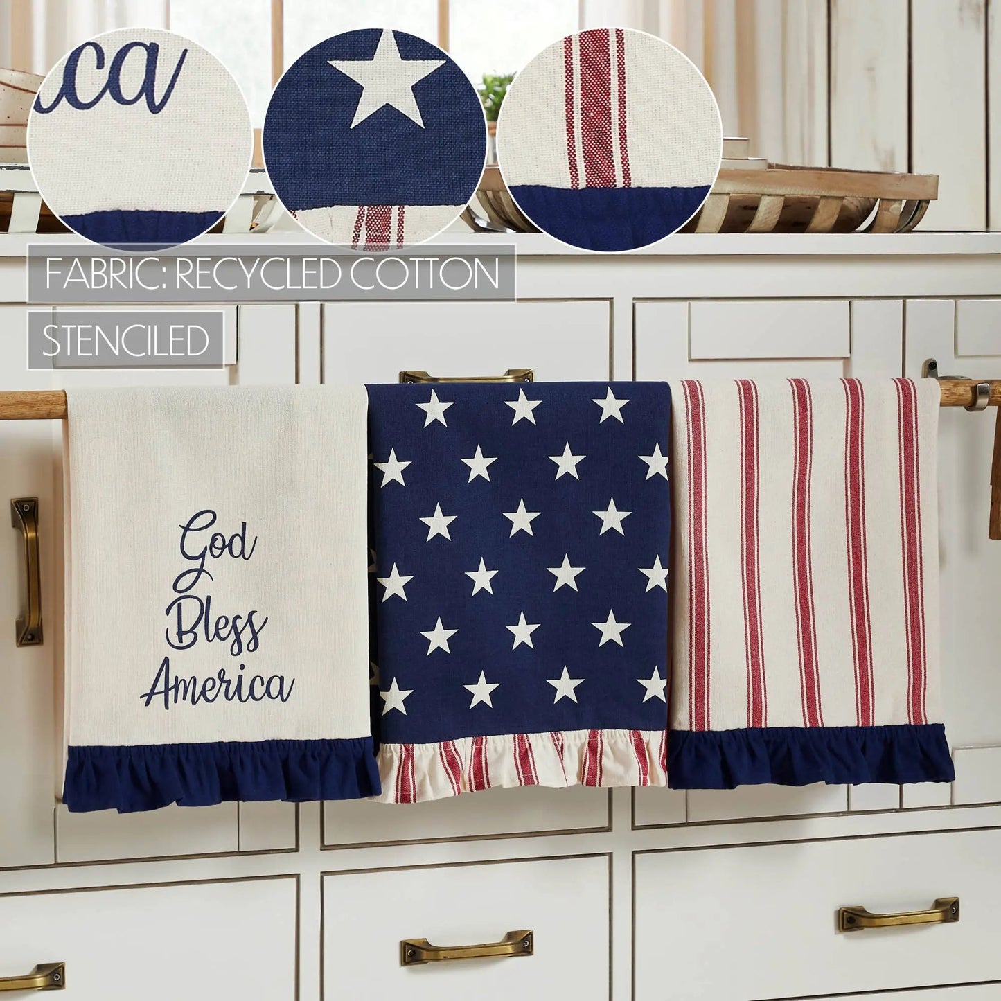 Patriotic Ruffled Tea Towel Set of 3 - Hatteras Stars, 16" x 28", Americana