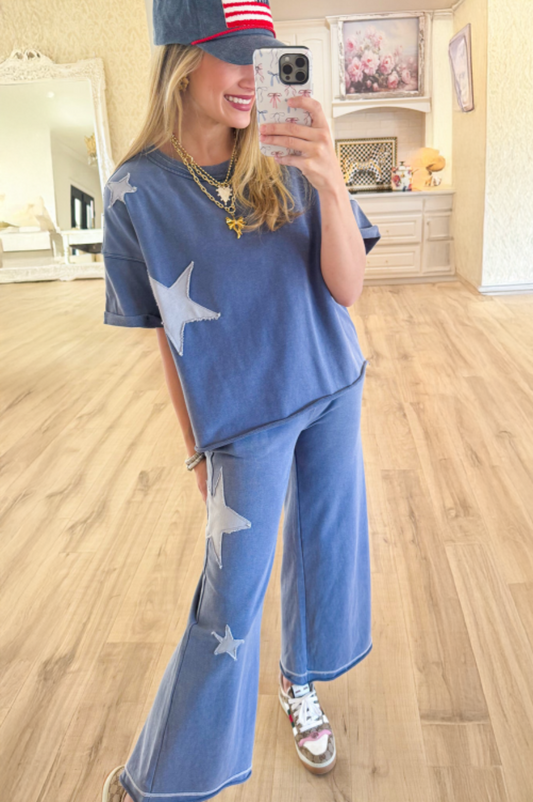 American Star Blue Mineral Wash Lounge Set Top and Crop Pants