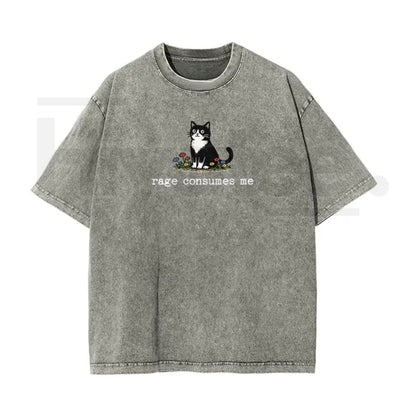 Rage Consumes Me Cat Meme Vintage Washed T-Shirt, Oversized Cotton Graphic Tee
