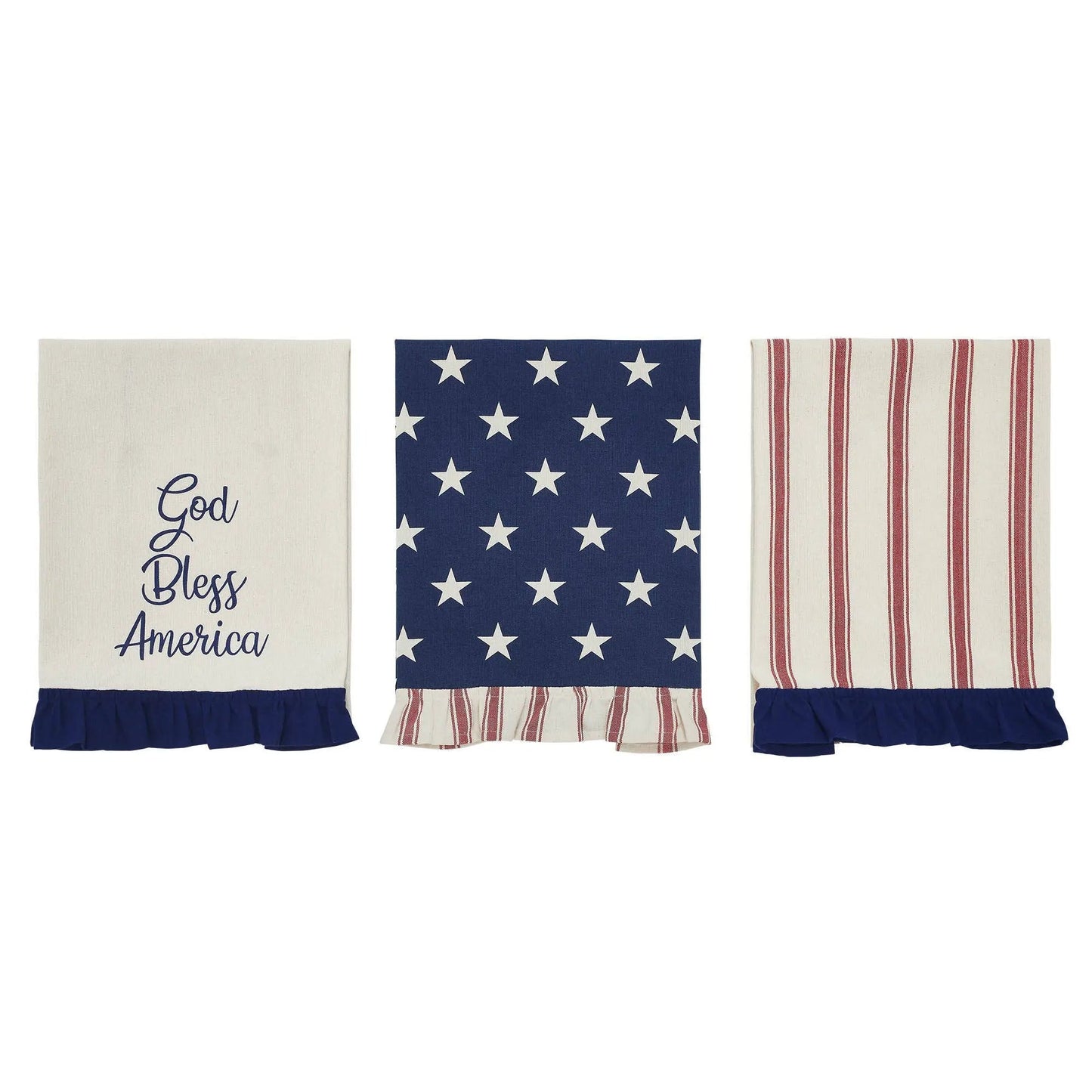 Patriotic Ruffled Tea Towel Set of 3 - Hatteras Stars, 16" x 28", Americana