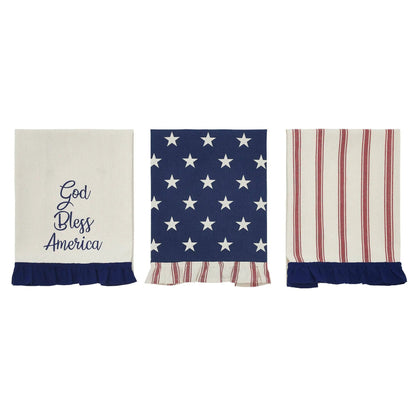 Patriotic Ruffled Tea Towel Set of 3 - Hatteras Stars, 16" x 28", Americana