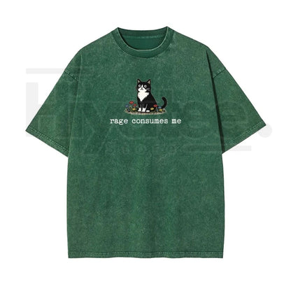 Rage Consumes Me Cat Meme Vintage Washed T-Shirt, Oversized Cotton Graphic Tee