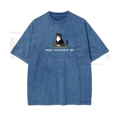 Rage Consumes Me Cat Meme Vintage Washed T-Shirt, Oversized Cotton Graphic Tee