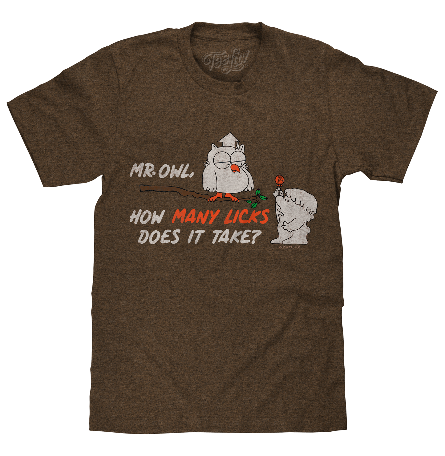Tootsie Roll Pop Mr. Owl How Many Licks T-Shirt, Heather Brown