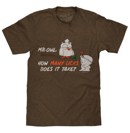 Tootsie Roll Pop Mr. Owl How Many Licks T-Shirt, Heather Brown