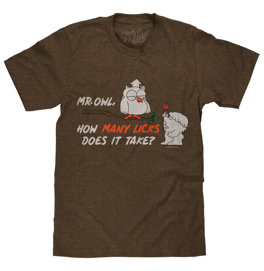 Tootsie Roll Pop Mr. Owl How Many Licks T-Shirt, Heather Brown