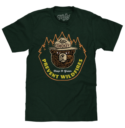 Smokey Bear Graphic T-Shirt - Keep It Green, Prevent Wildfires, Forest Green