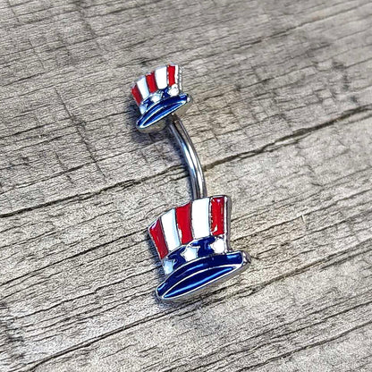 Patriotic Uncle Sam Top Hat Double Mount Belly Ring - 14G 316L Surgical Steel