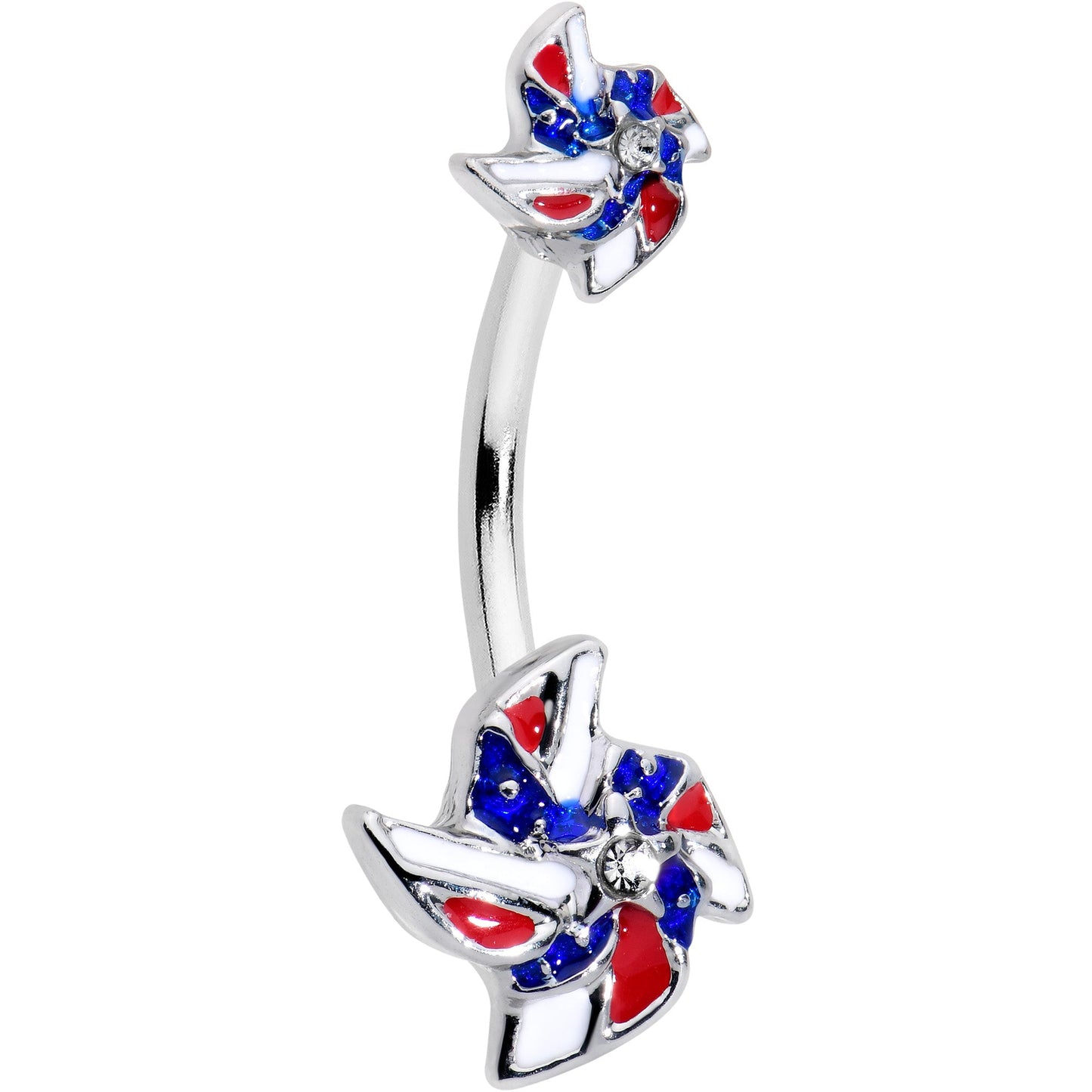 Patriotic Pinwheel Double Mount Belly Ring - 14G 316L Surgical Steel, Red White Blue