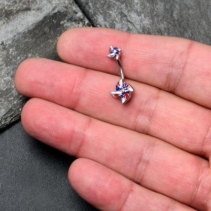 Patriotic Pinwheel Double Mount Belly Ring - 14G 316L Surgical Steel, Red White Blue