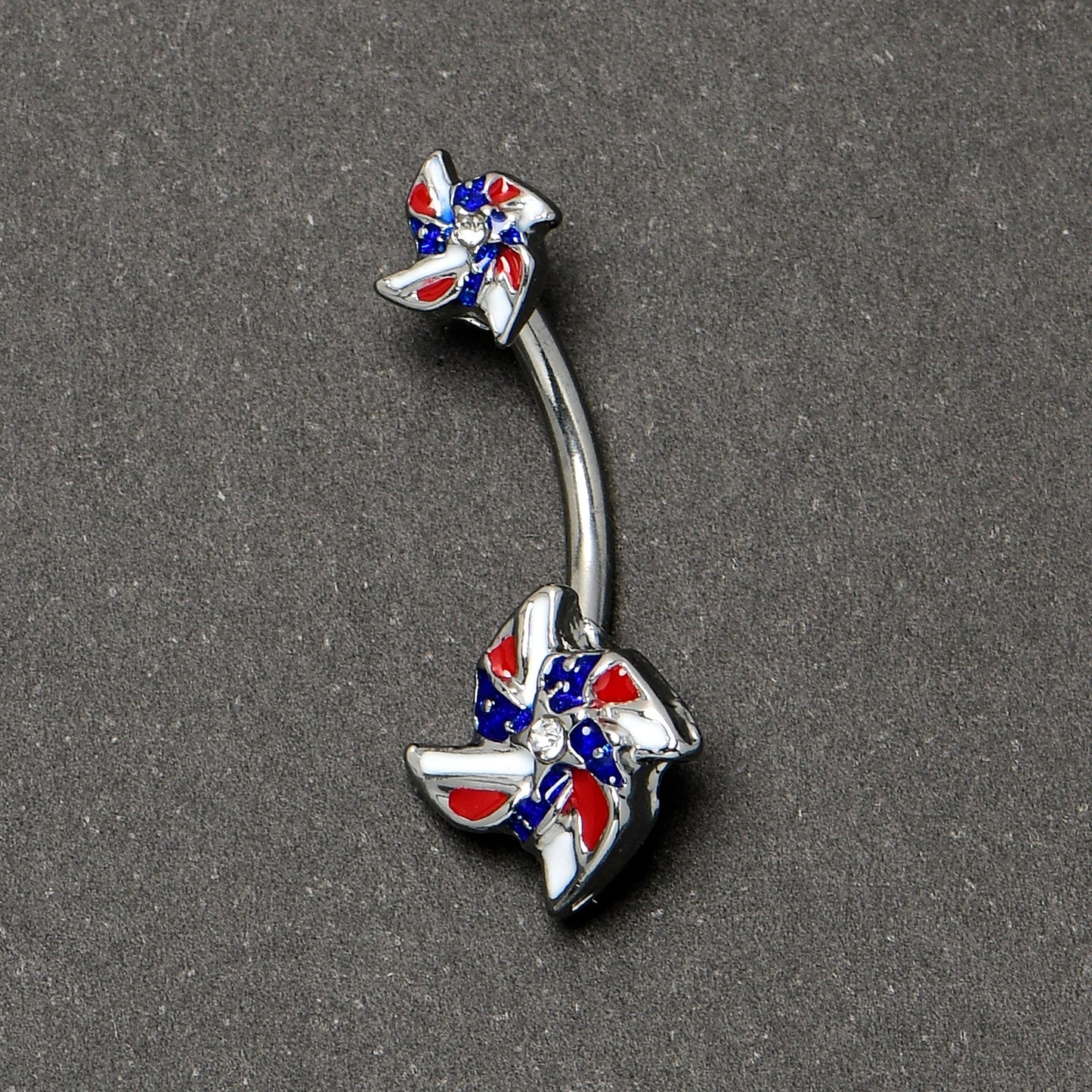 Patriotic Pinwheel Double Mount Belly Ring - 14G 316L Surgical Steel, Red White Blue