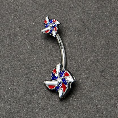Patriotic Pinwheel Double Mount Belly Ring - 14G 316L Surgical Steel, Red White Blue