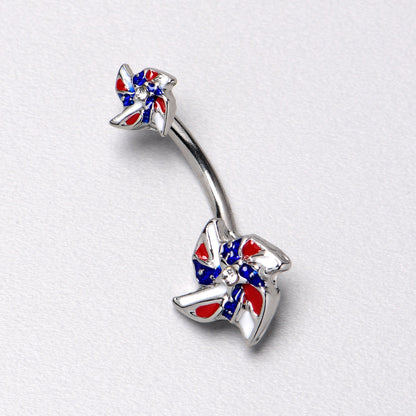 Patriotic Pinwheel Double Mount Belly Ring - 14G 316L Surgical Steel, Red White Blue