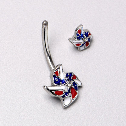 Patriotic Pinwheel Double Mount Belly Ring - 14G 316L Surgical Steel, Red White Blue