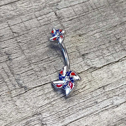 Patriotic Pinwheel Double Mount Belly Ring - 14G 316L Surgical Steel, Red White Blue
