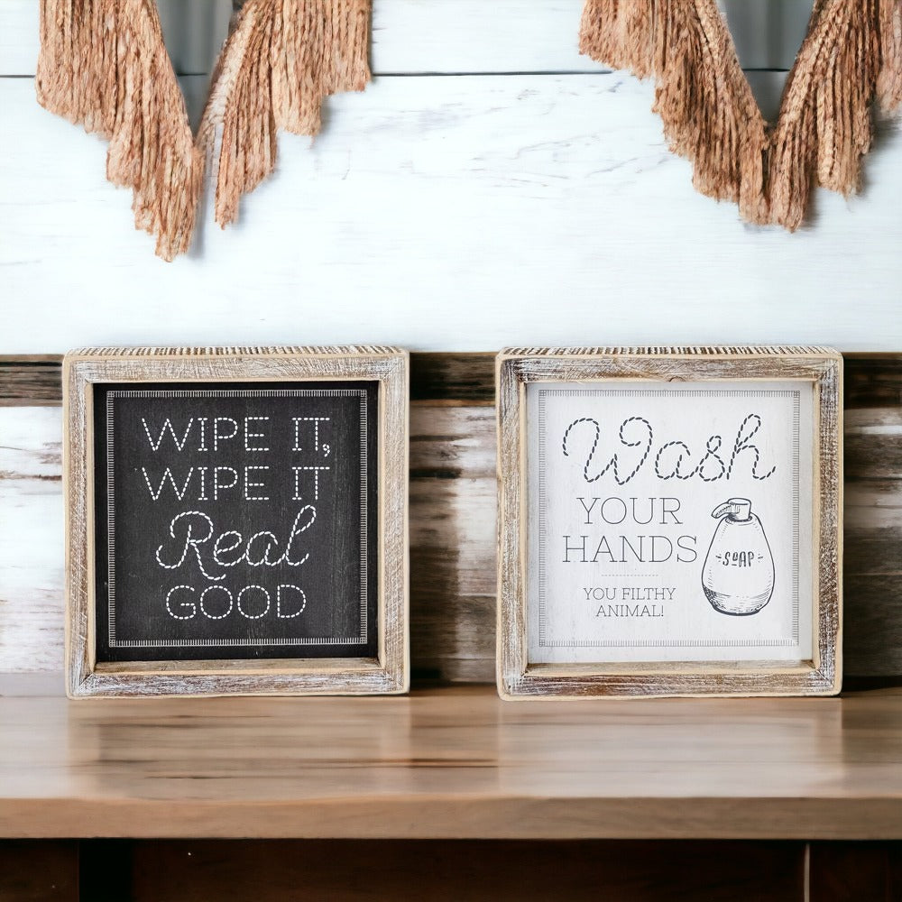 Funny Double-Sided Wooden Bathroom Sign - Wipe It Real Good, Wash Your Hands
