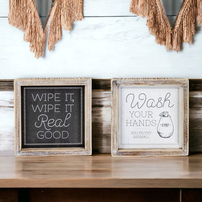 Funny Double-Sided Wooden Bathroom Sign - Wipe It Real Good, Wash Your Hands