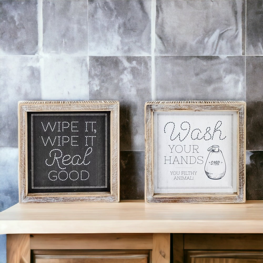 Funny Double-Sided Wooden Bathroom Sign - Wipe It Real Good, Wash Your Hands