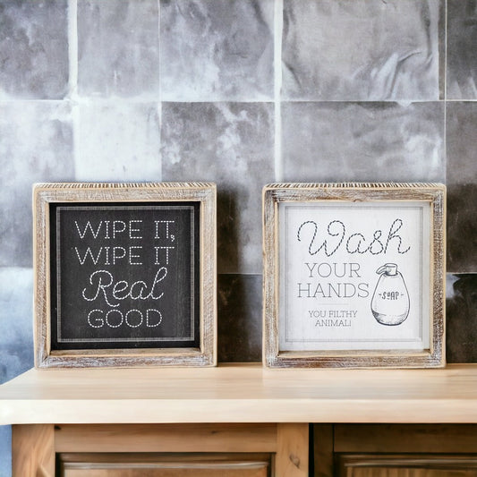 Funny Double-Sided Wooden Bathroom Sign - Wipe It Real Good, Wash Your Hands