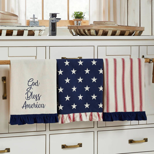 Patriotic Ruffled Tea Towel Set of 3 - Hatteras Stars, 16" x 28", Americana