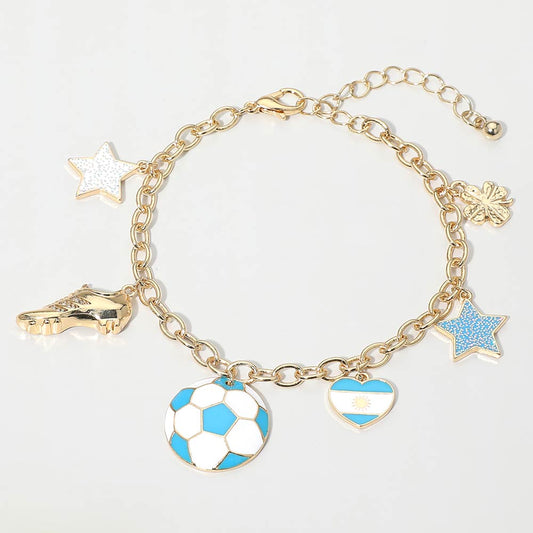 Argentina Soccer Ball Shoe Star Charm Station Bracelet