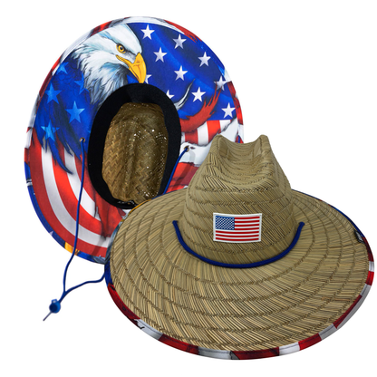 Patriot Bald Eagle Straw Hat - UPF 50 Patriotic Sun Hat with Sewn-On Patch