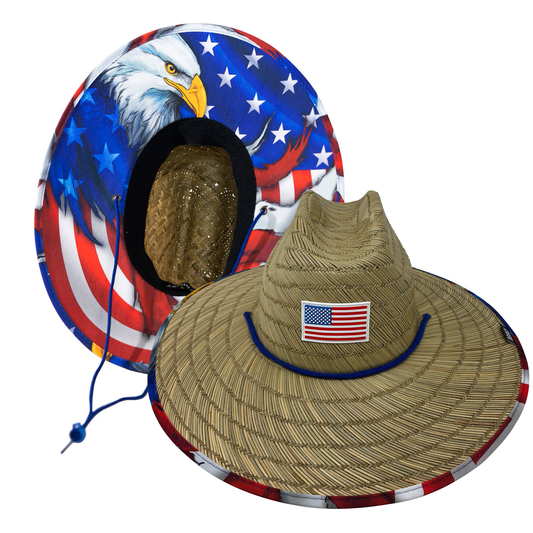 Patriot Bald Eagle Straw Hat - UPF 50 Patriotic Sun Hat with Sewn-On Patch