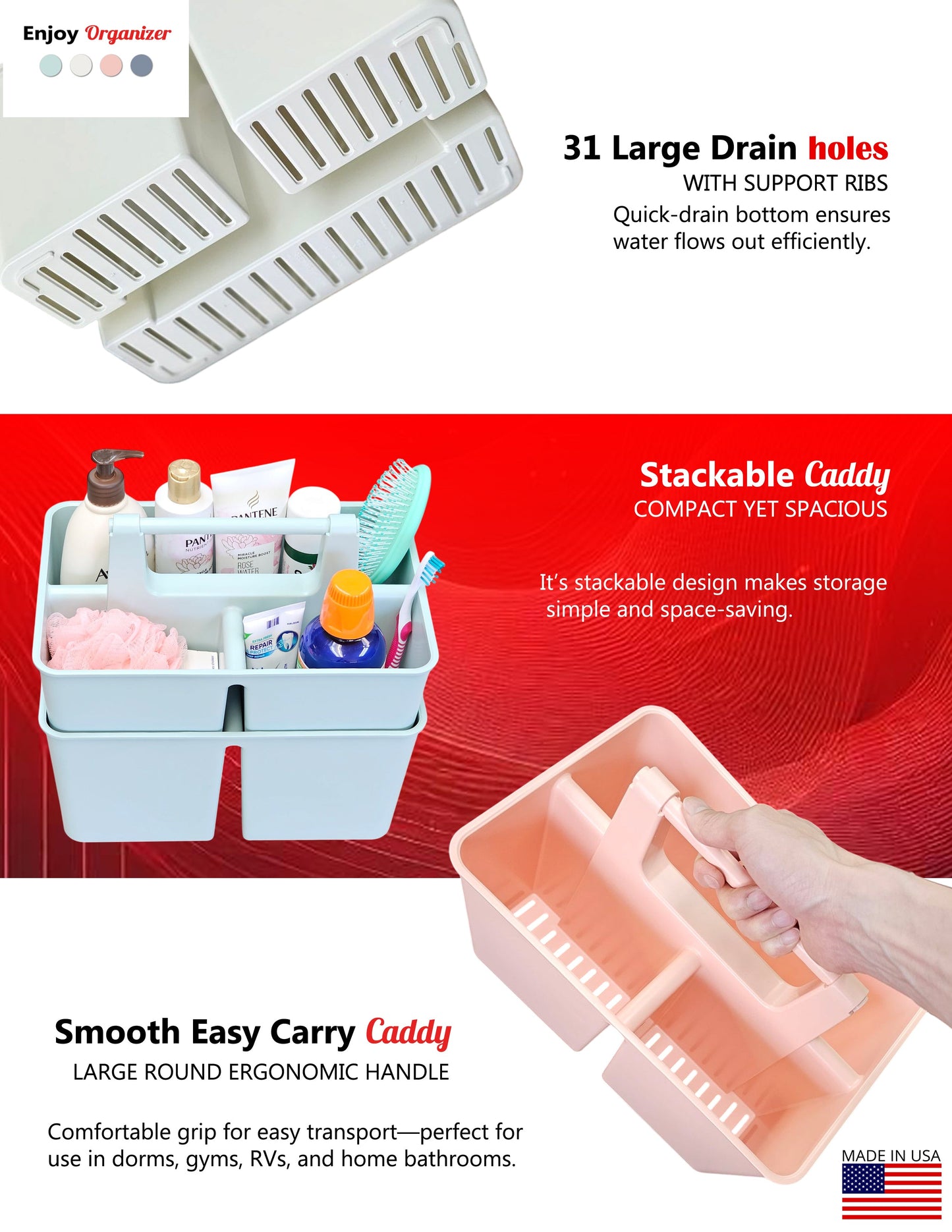 Enjoy Organizer 3-Compartment Shower Caddy with Handle, Made in USA