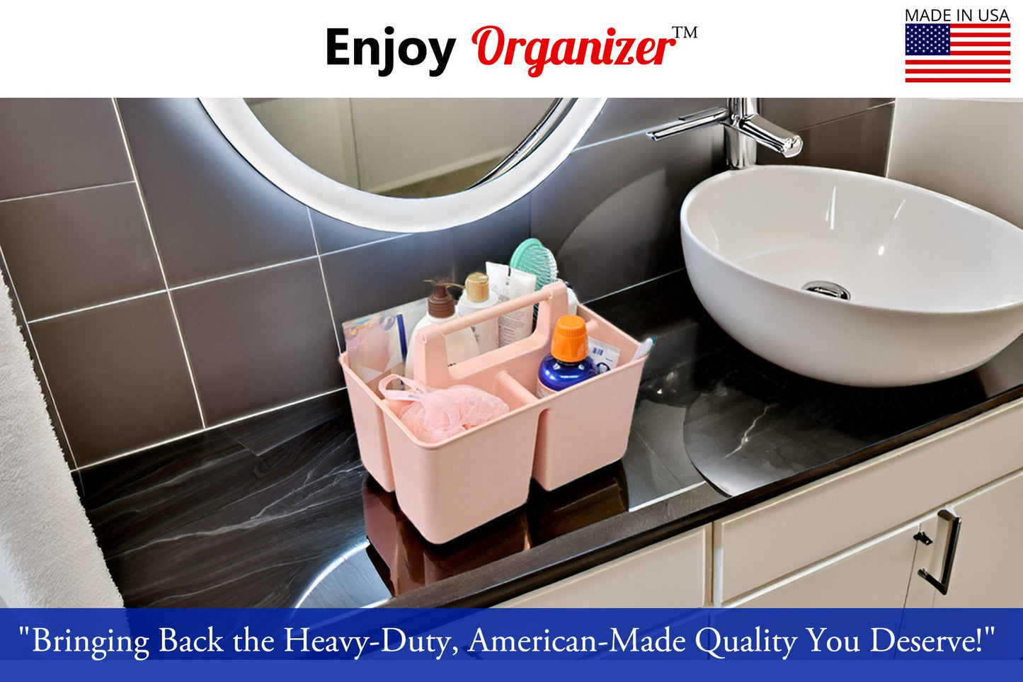 Enjoy Organizer 3-Compartment Shower Caddy with Handle, Made in USA