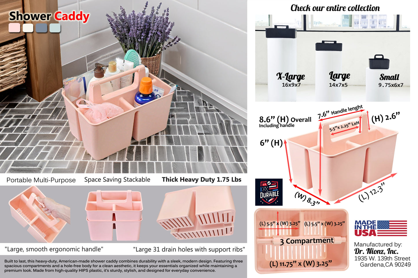 Enjoy Organizer 3-Compartment Shower Caddy with Handle, Made in USA