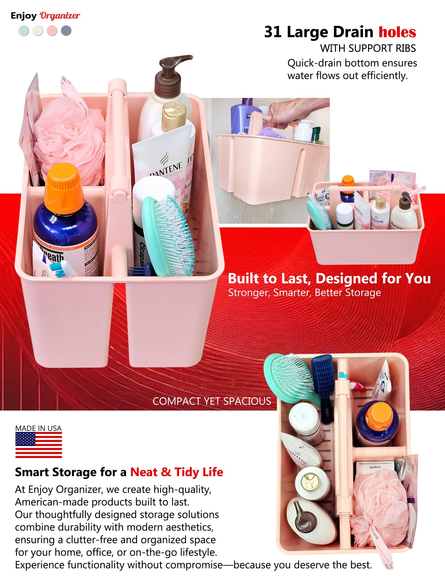 Enjoy Organizer 3-Compartment Shower Caddy with Handle, Made in USA