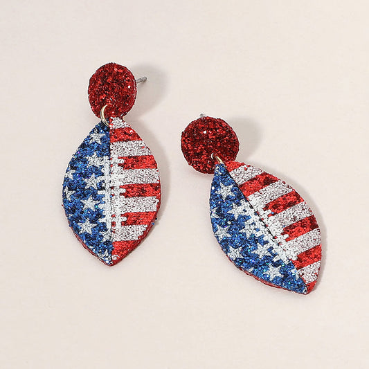 USA Flag Football Dangle Earrings - Glittered Patriotic Game Day Earrings