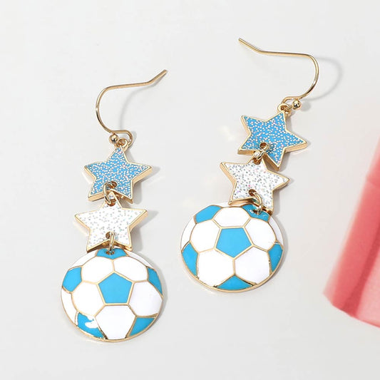 Argentina Glittered Double Star Soccer Ball Drop Earrings