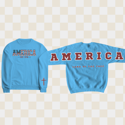 America Land of the Free Patriotic Crewneck Sweatshirt, Youth and Adult Sizes