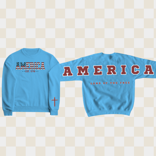 America Land of the Free Patriotic Crewneck Sweatshirt, S to 3XL