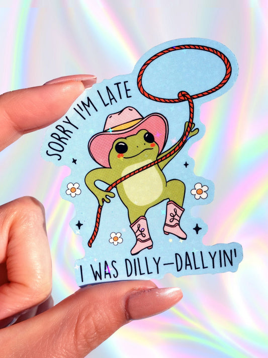 Sorry I'm Late Frog Glitter Vinyl Sticker, Cute Cowboy Frog