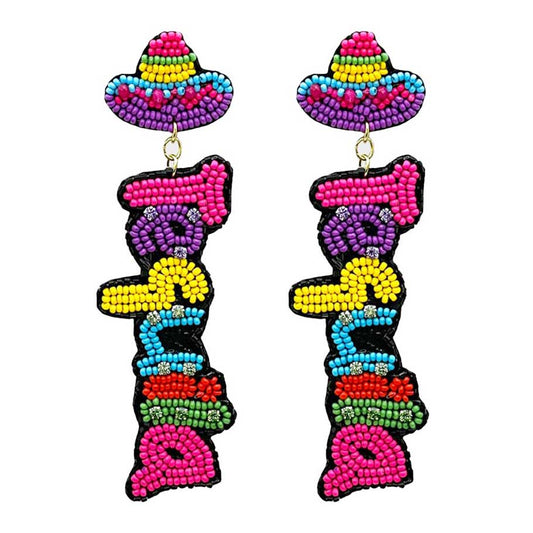 Tequila Message Fiesta Dangle Earrings, Felt Back Seed Beaded