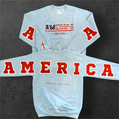 America Land of the Free Patriotic Crewneck Sweatshirt, Youth and Adult Sizes