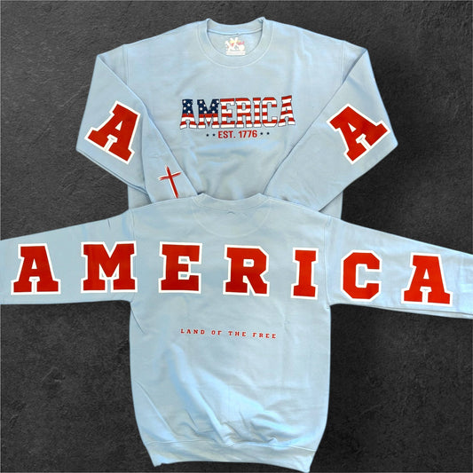 America Land of the Free Patriotic Crewneck Sweatshirt, Youth and Adult Sizes