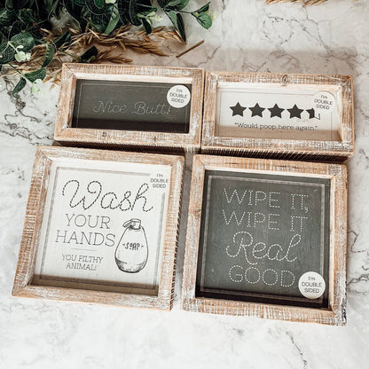 Funny Double-Sided Wooden Bathroom Sign - Wipe It Real Good, Wash Your Hands